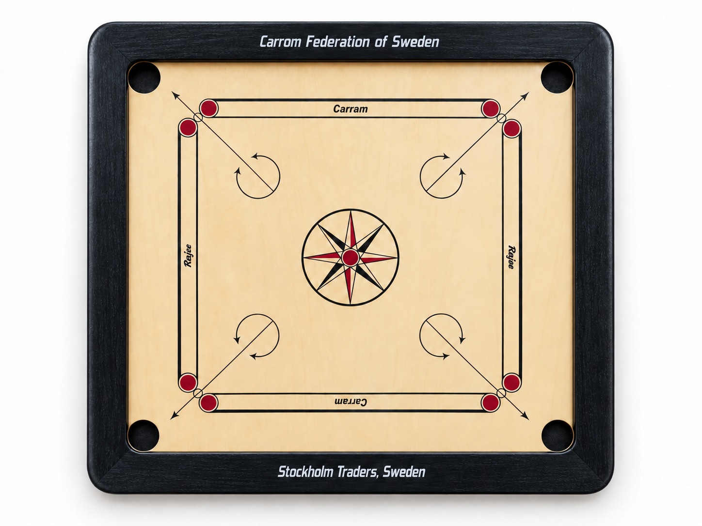 Stockholm Traders standard size tournament board with rounded black frame and Carrom Federation of Sweden lettering