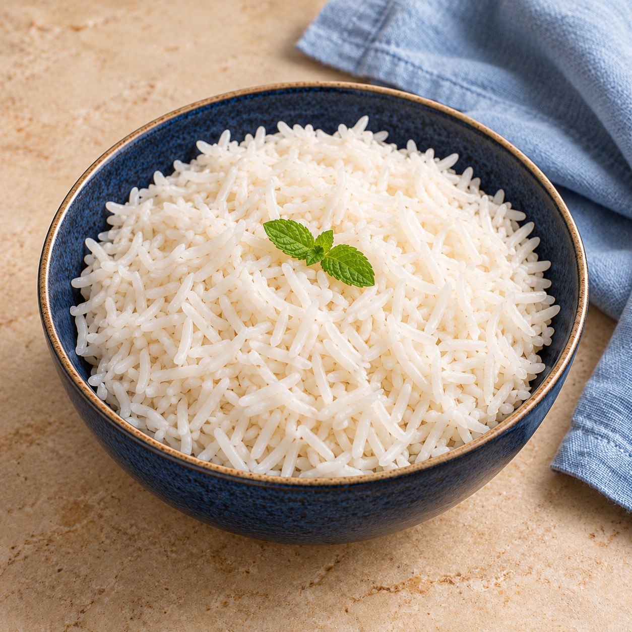 Fluffy long-grain basmati rice in a deep blue ceramic bowl with a small mint garnish