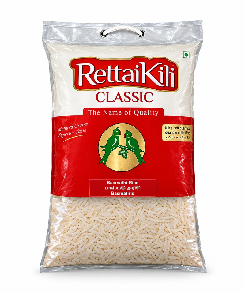 RettaiKili Classic Basmathi Rice, 5 kg bag with carry handle